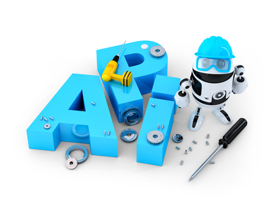 Robot with tools and application programming interface sign. Technology concept
