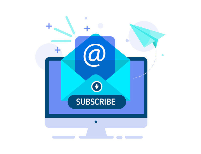 Subscribe to the mailing list banner. Subscribe button on the computer screen. Concept opening the message with the email document. Vector flat illustration of email marketing with a paper airplane.