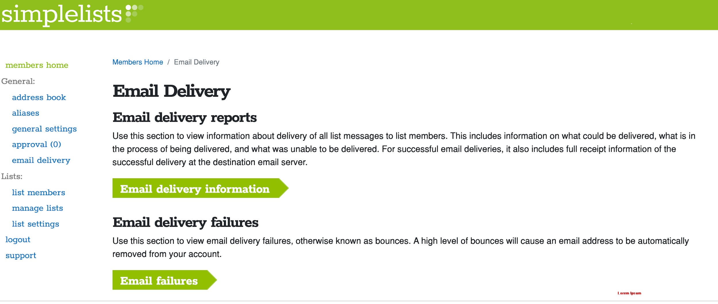 A screenshot of Simplelists email delivery and bounces page