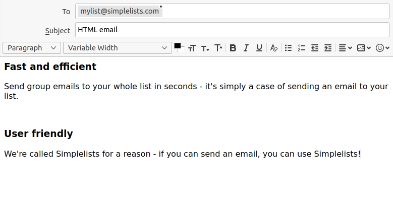 A screenshot of an example group email being sent to a Simplelists list