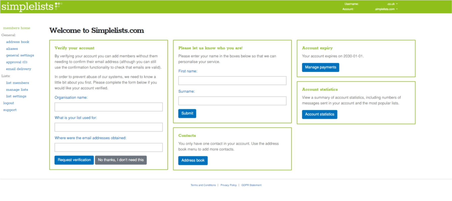A screenshot of the Simplelists management dashboard