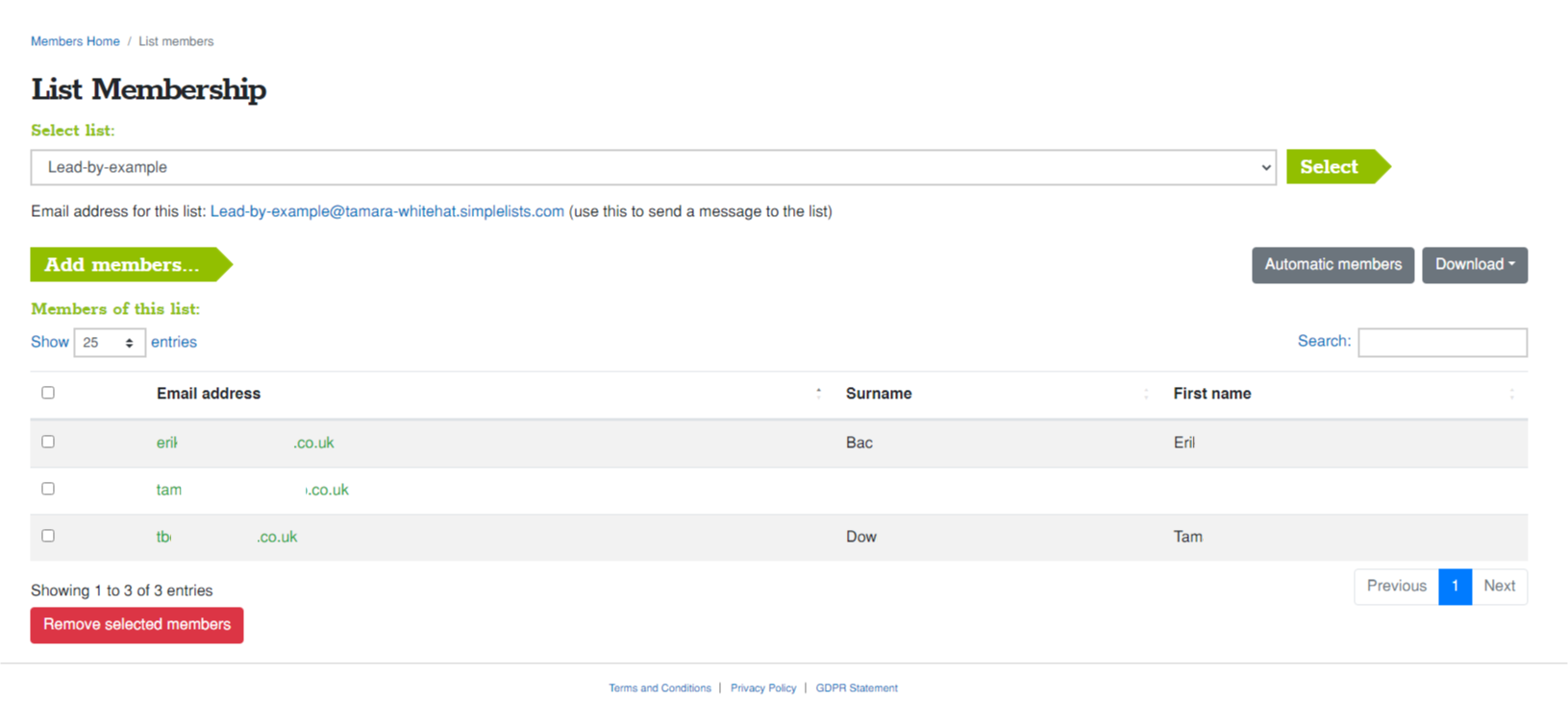 A screenshot of the Simplelists list members management page