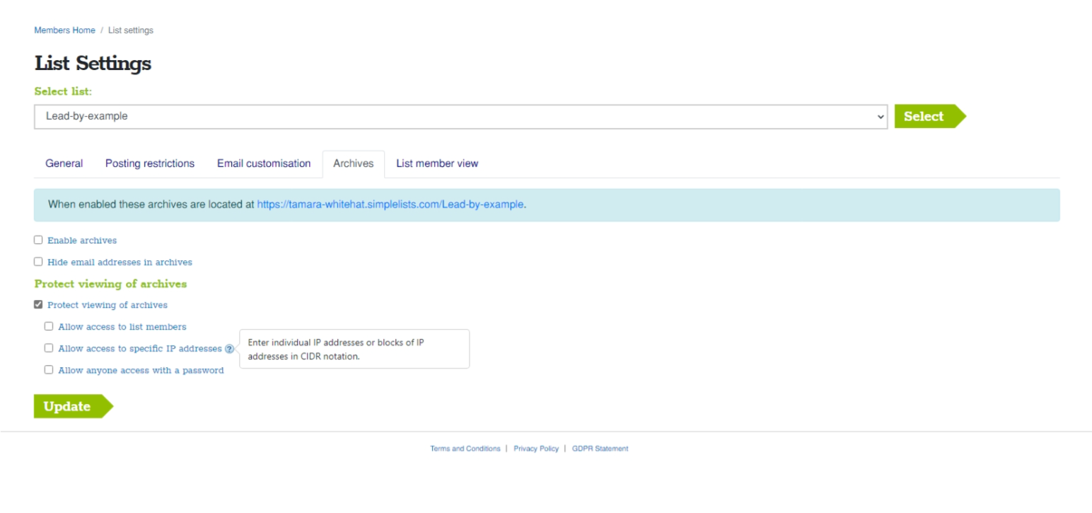 A screenshot of the Simplelists archives settings page