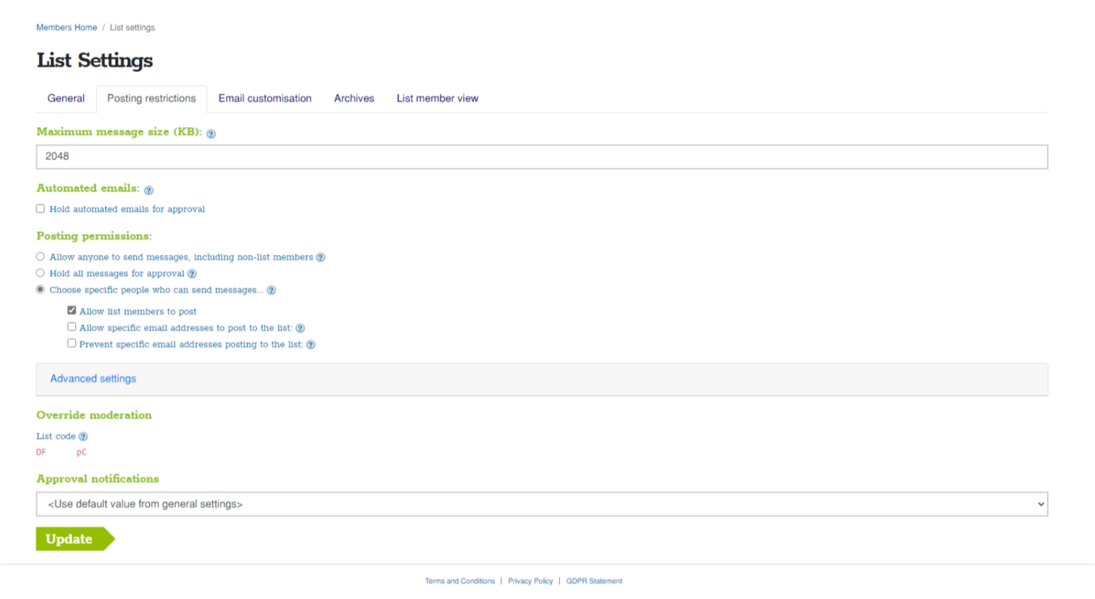 A screenshot of the Simplelists list settings page