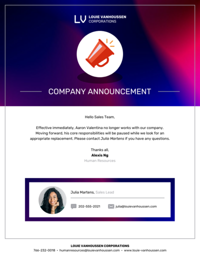 An example email template for a company announcements An image showing a company announcement email template