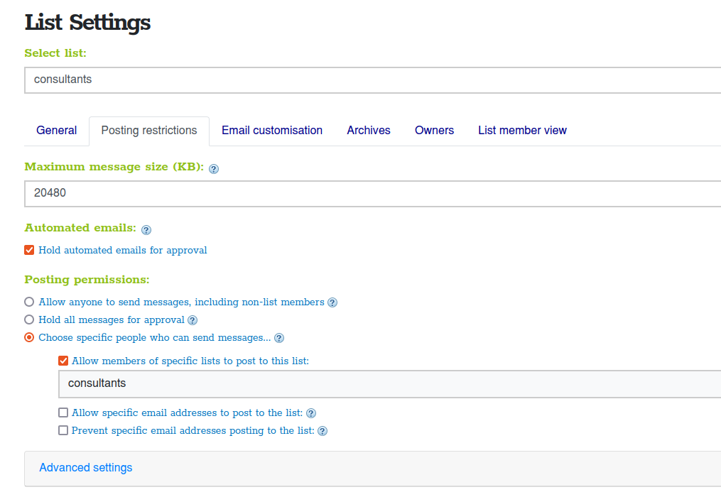 Screenshot of changing list settings