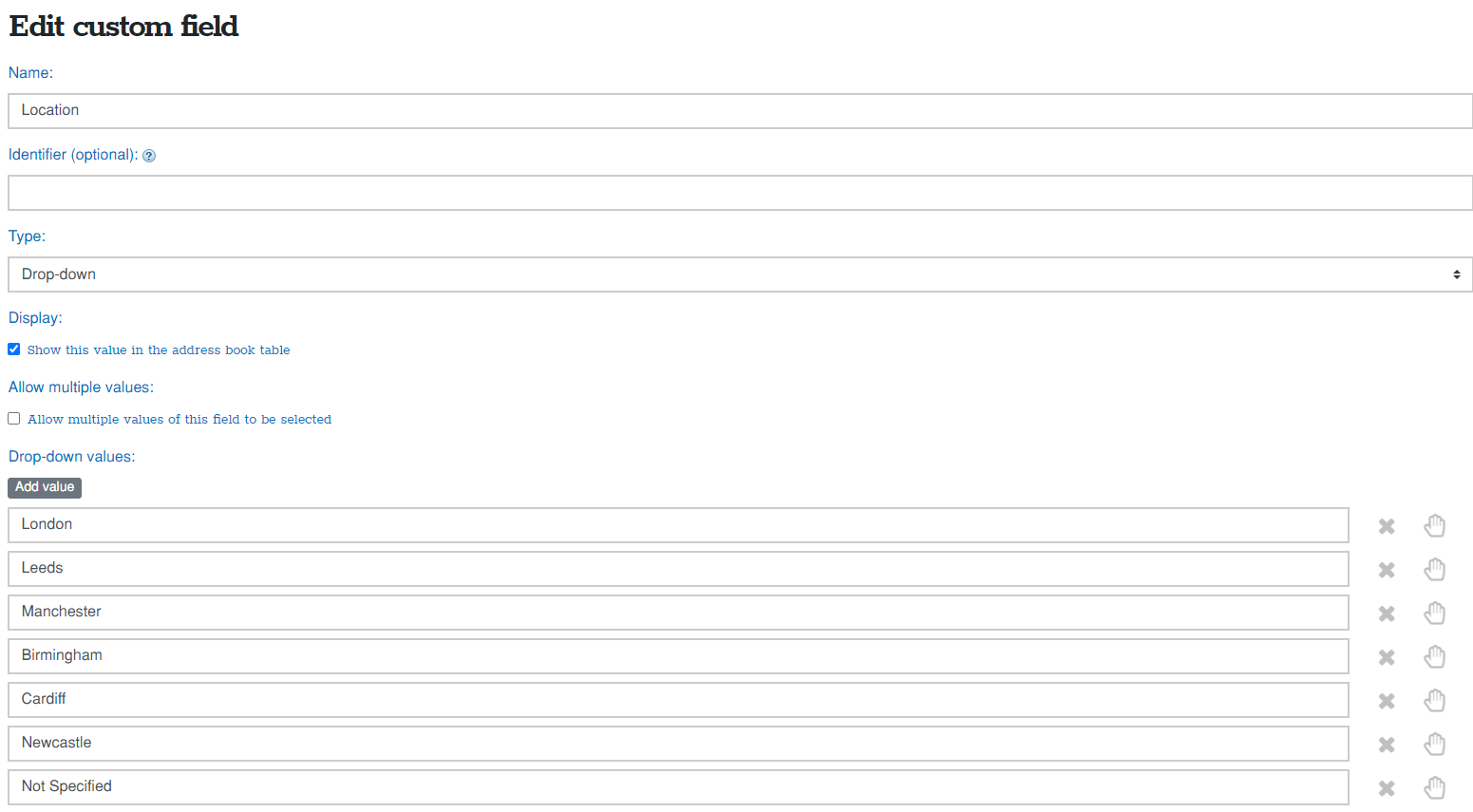 Screenshot of the metadata configuration page in Simplelists