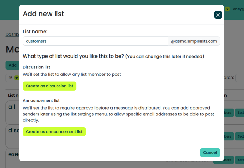 A screenshot of creating a new list in Simplelists