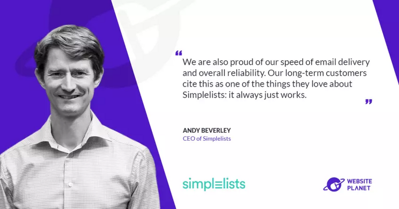 Andy Beverley CEO of Simplelists features in Website Planet discussing why Simplelists customers love its reliable group email service An image showing the interview feature on Website Planet