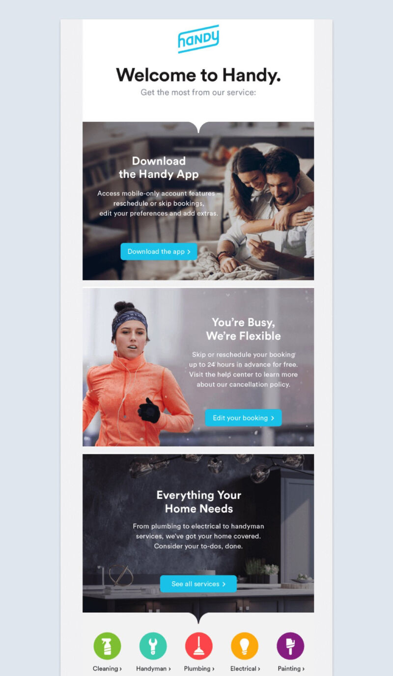 A screenshot of a Handy email with multiple calls to action