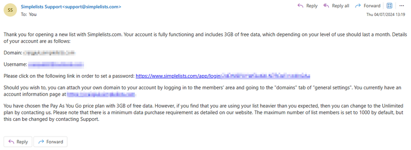 A screenshot of the Simplelists welcome transactional welcome email