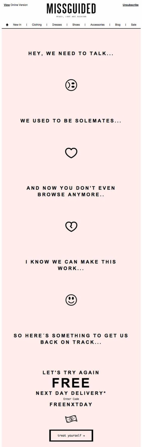 A screenshot of a Missguided re-engagement email