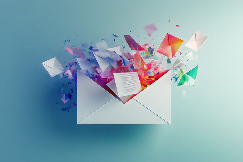 A graphic showing an email bursting with colorful envelopes, letters, and confetti