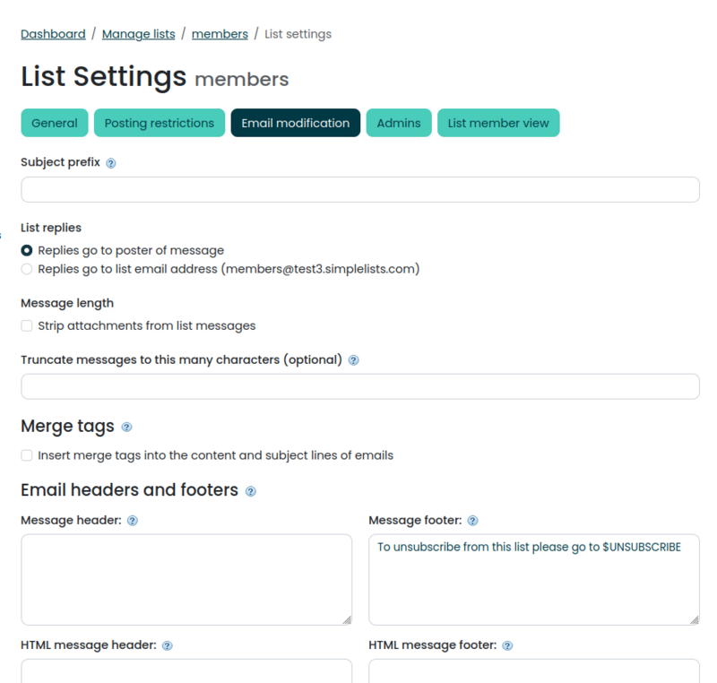 A screenshot of the Simplelists list settings page for email modification
