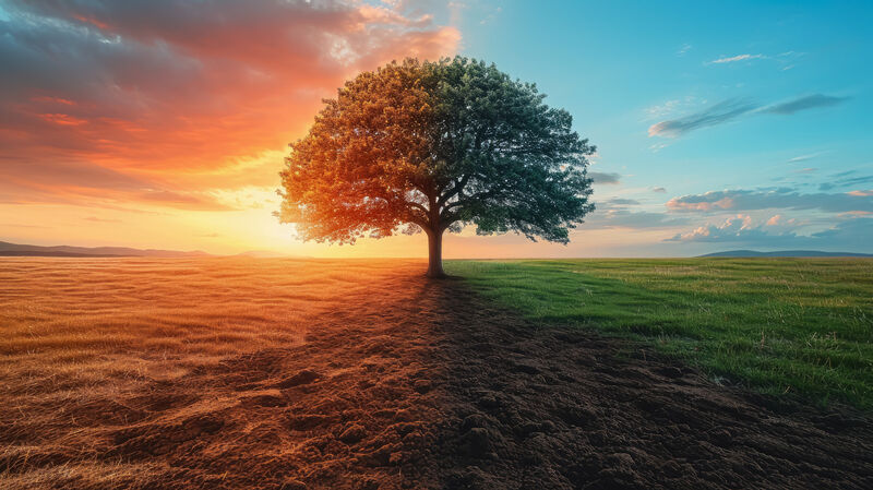 An image showing a tree that is half dead and half alive