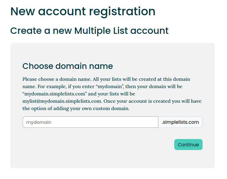 Screenshot of the Simplelists Multiple List account registratio page