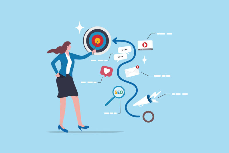 A graphic showing darts target board with arrow weaving through marketing strategy items