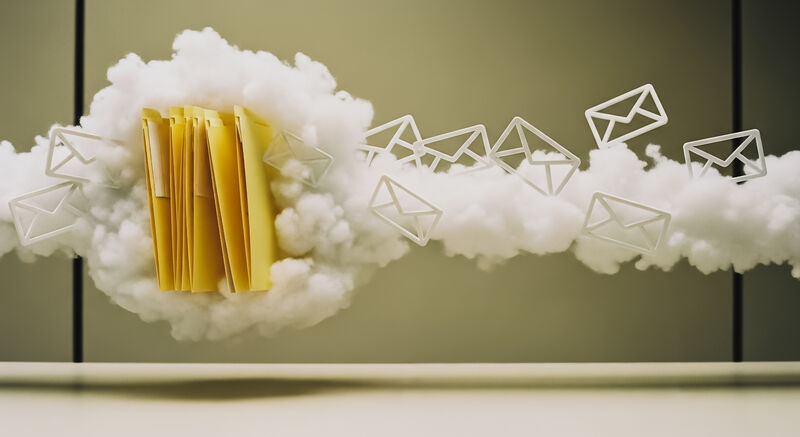 Cloud computing concept with yellow folders floating in a cotton cloud and 3D email icons moving across the digital infrastructure, symbolizing secure data storage and communication flow