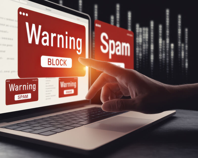 Spam email prevention concepts. A hand hovering over a laptop screen displaying warning messages about spam.