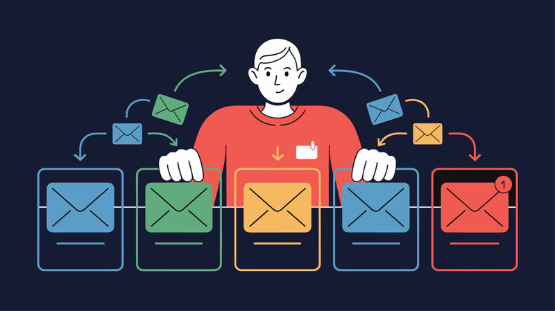 Person sorting emails into segmented channels, illustration for email personalization, marketing automation and targeted communication