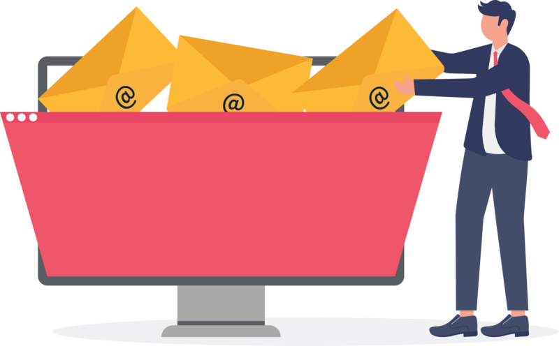 A graphic showing a man archiving emails into a an archive bucket