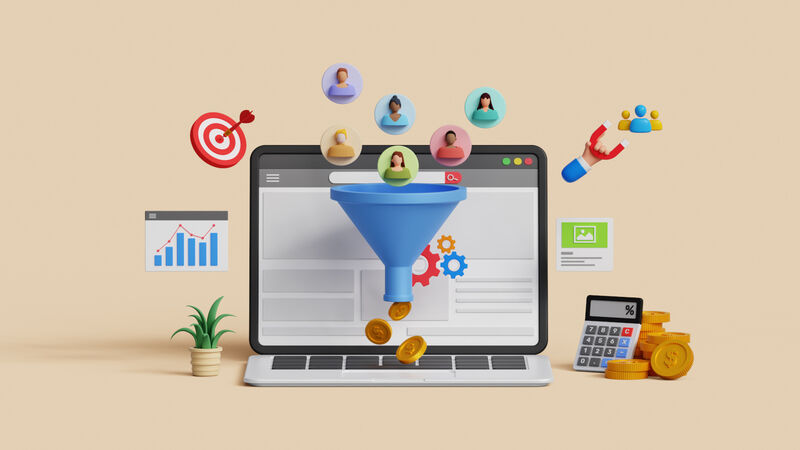 Graphic showing CRO, conversion rate optimization concept. 3D laptop with marketing funnel and lead generation icons