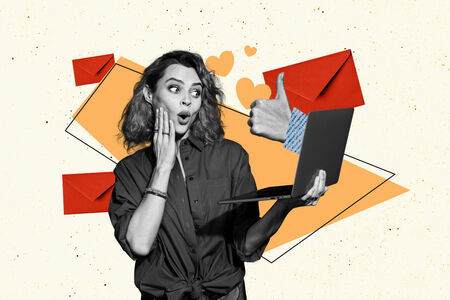 Sketch image photo collage of young lady with hand held open with laptop and thumb gestures