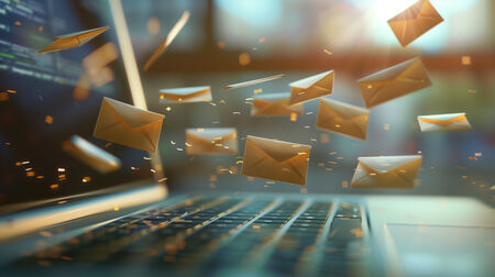Picture of emails going into a laptop computer screen