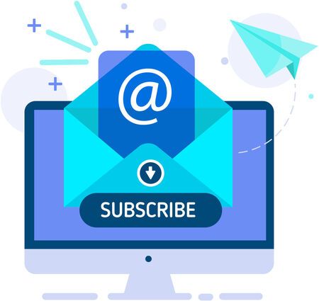 Subscribe to the mailing list banner. Subscribe button on the computer screen. Concept opening the message with the email document. Vector flat illustration of email marketing with a paper airplane.