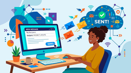 Woman sitting at desk with computer and sending message