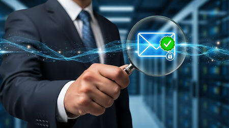 Data security check and compliance with man holding magnifying glass over email