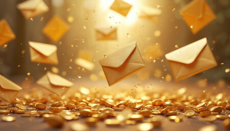 A graphic showing gold envelopes and money demonstrating a winning email marketing campaign