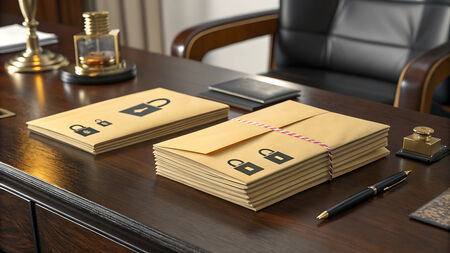 Stack of secured envelopes displayed on a wooden office desk