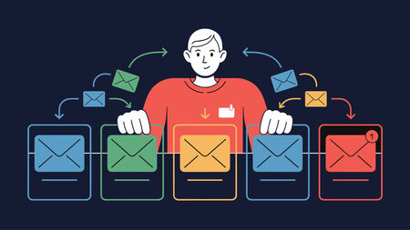 Person sorting emails into segmented channels, illustration for email personalization, marketing automation and targeted communication