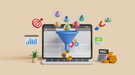 Graphic showing CRO, conversion rate optimization concept. 3D laptop with marketing funnel and lead generation icons