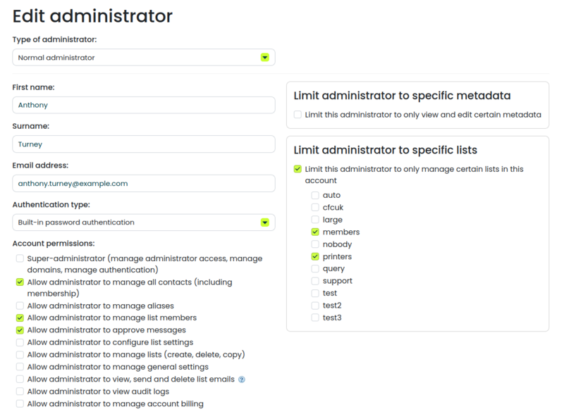 A screenshot of the Simplelists add administrator page