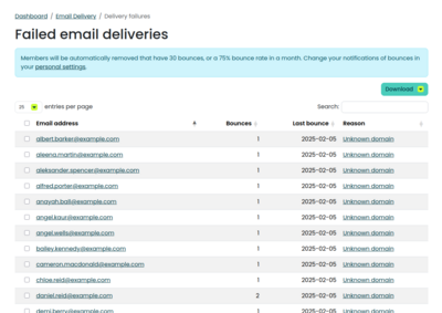 Screenshot of the Simplelists bounces page