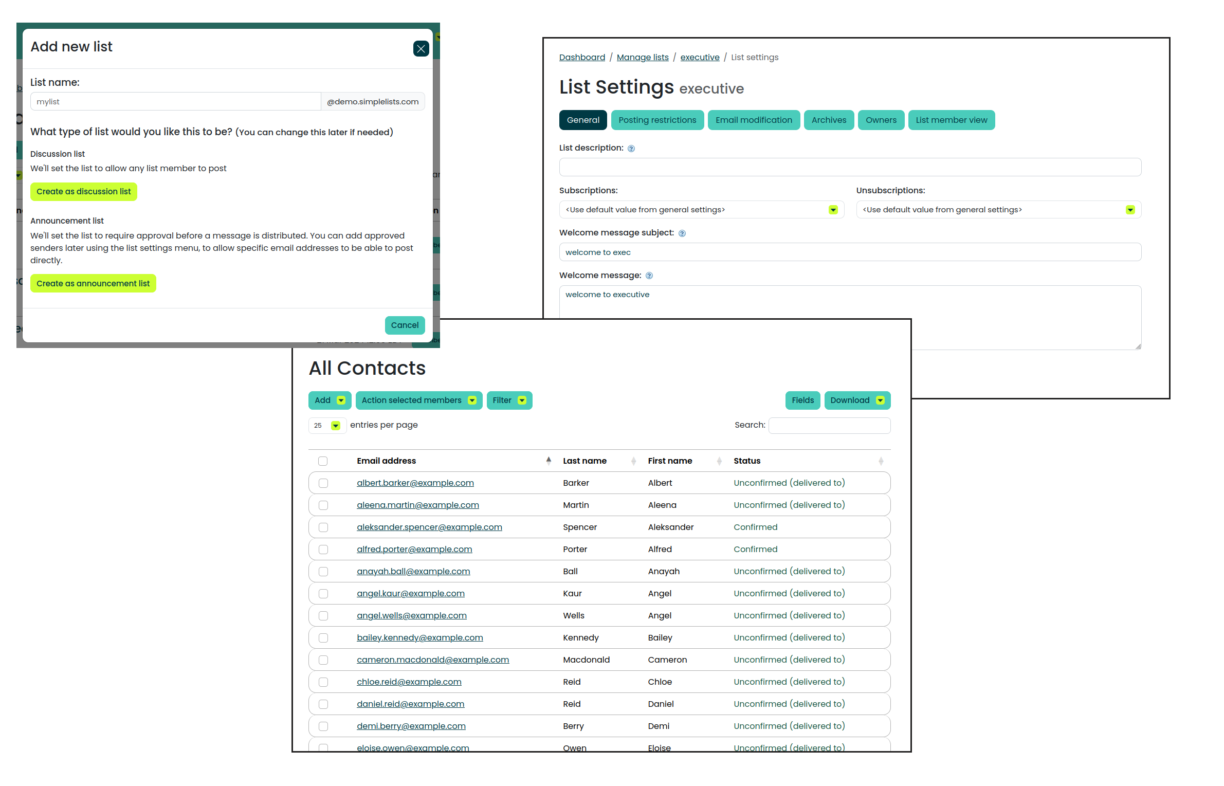 Screenshots of setting up listserv hosting at Simplelists