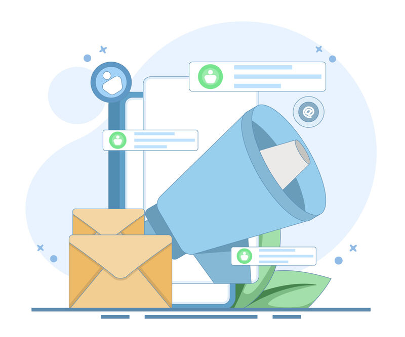 Graphic showing email marketing concept consisting of online business strategy, advertising, email newsletter, sending messages and marketing materials for landing pages