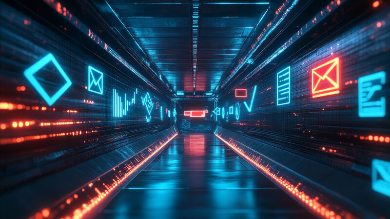 A full guide to email deliverability Graphic showing email processing engine guiding messages through a tunnel with graphs on walls