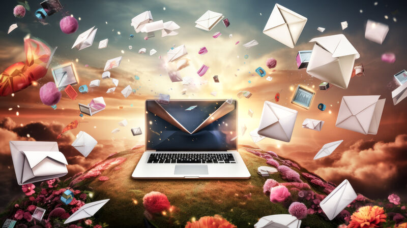 A graphic showing lots of envelopes spinning around a computer and world