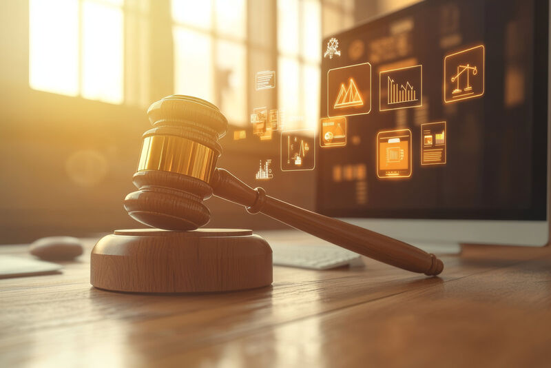 Email marketing for law firms and the management of email distribution lists Graphic showing the intersection of law and digital marketing in a virtual courtroom environment