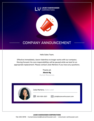An image showing a company announcement email template