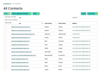 Screenshot of the Simplelists all contacts page