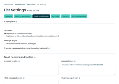 Screenshot of the Simplelists email modification settings