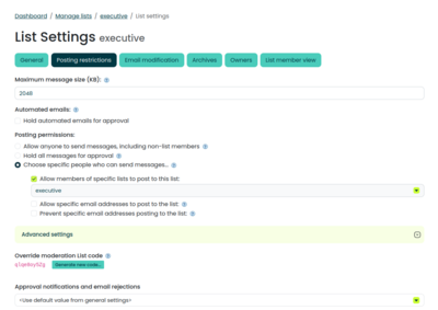 Screenshot of the Simplelists posting restrictions page
