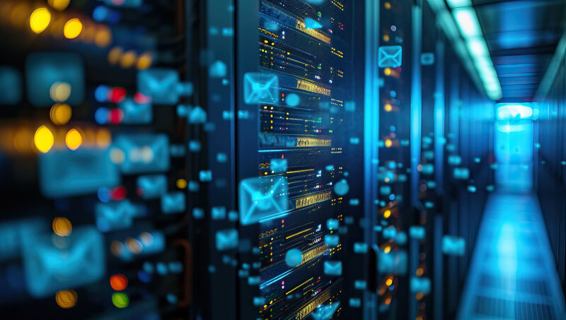 Simple email hosting solution for small businesses An image showing servers in a data center with emails