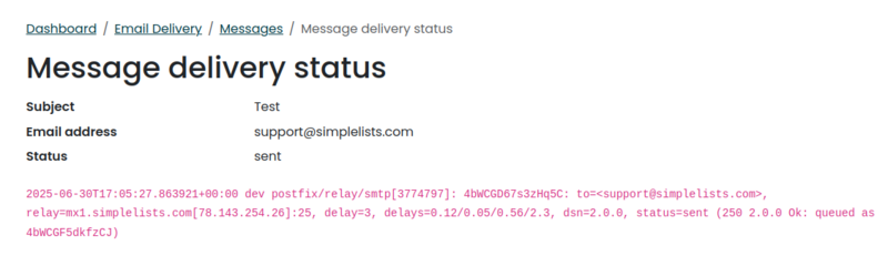 Simplelists shows full delivery information for all list emails A screenshot of an example email delivery