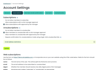 Screenshot of the Simplelists subscriptions settings page
