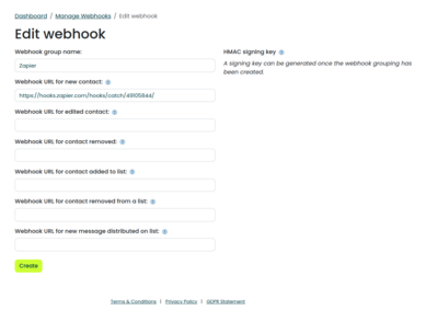 Screenshot of the Simplelists webhooks settings page